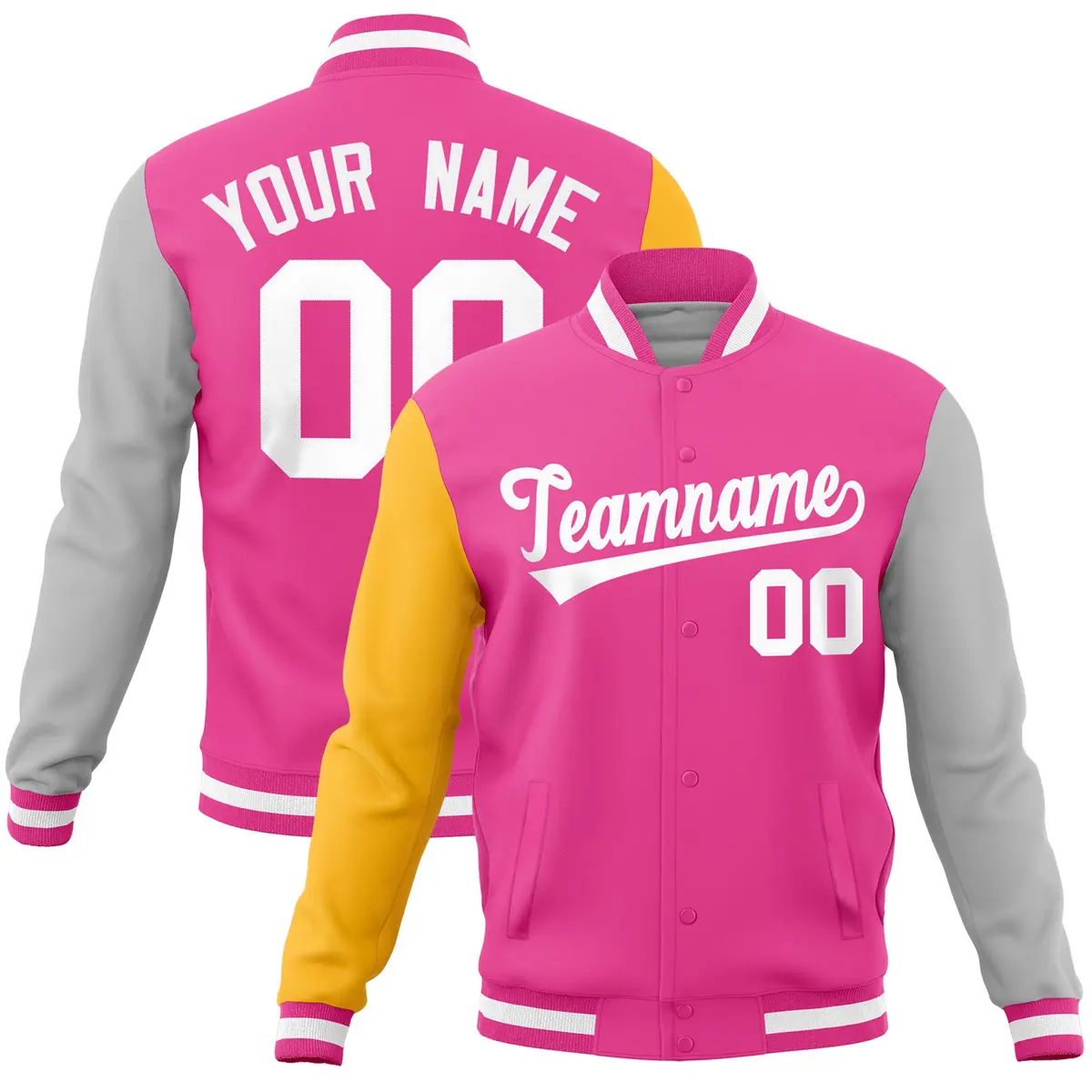Pink Gray-Gold Full-Snap Raglan Varsity Letterman Jacket