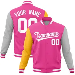Pink Gray-Gold Full-Snap Raglan Varsity Letterman Jacket 1