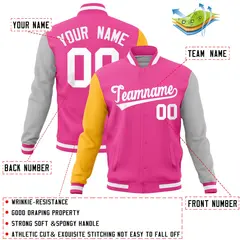 Pink Gray-Gold Full-Snap Raglan Varsity Letterman Jacket 4