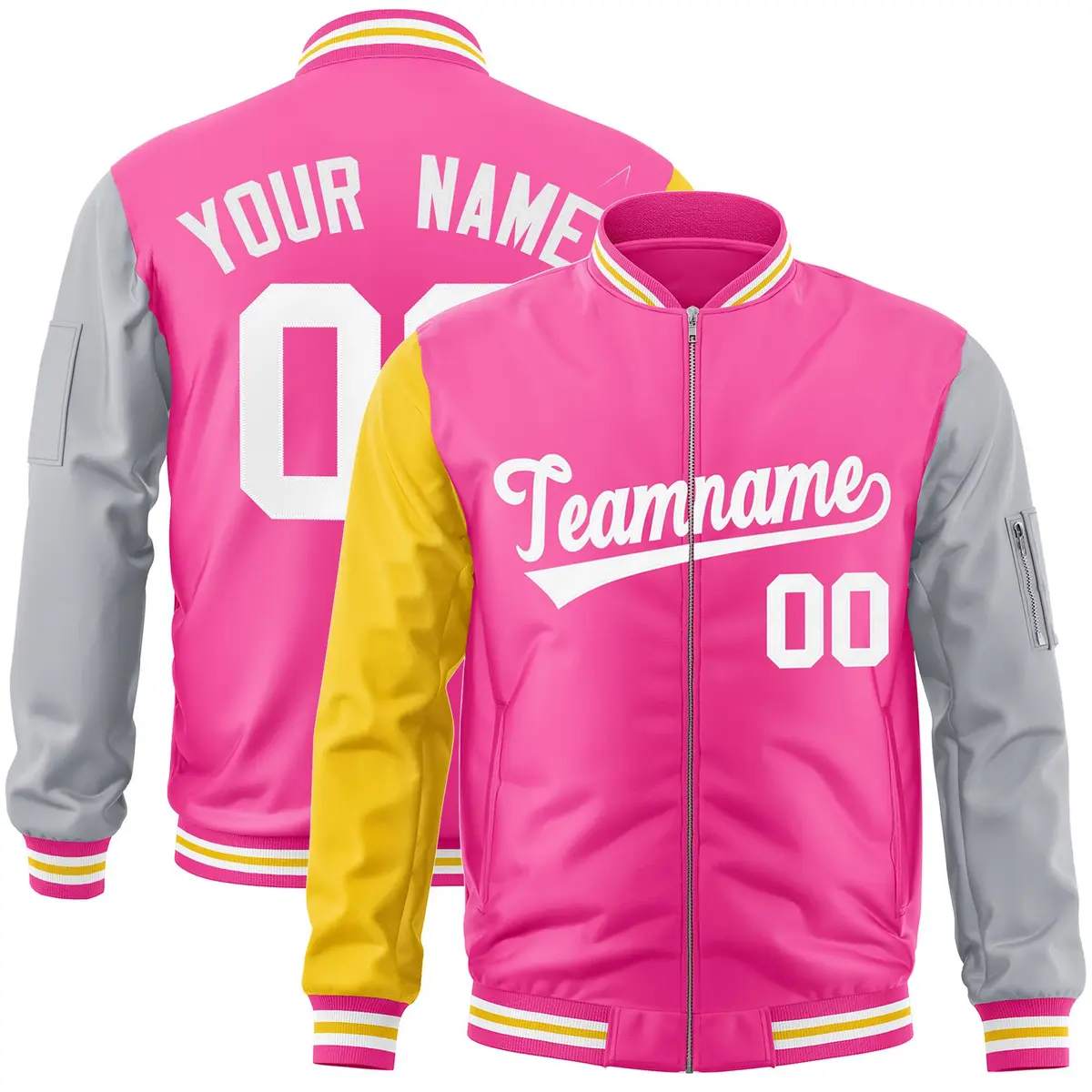 Pink Gray-Gold Varsity Full-Zip Raglan Letterman Bomber Jacket