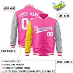 Pink Gray-Gold Varsity Full-Zip Raglan Letterman Bomber Jacket 2