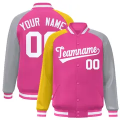 Pink Gray-Gold Varsity Raglan Letterman Bomber Jacket