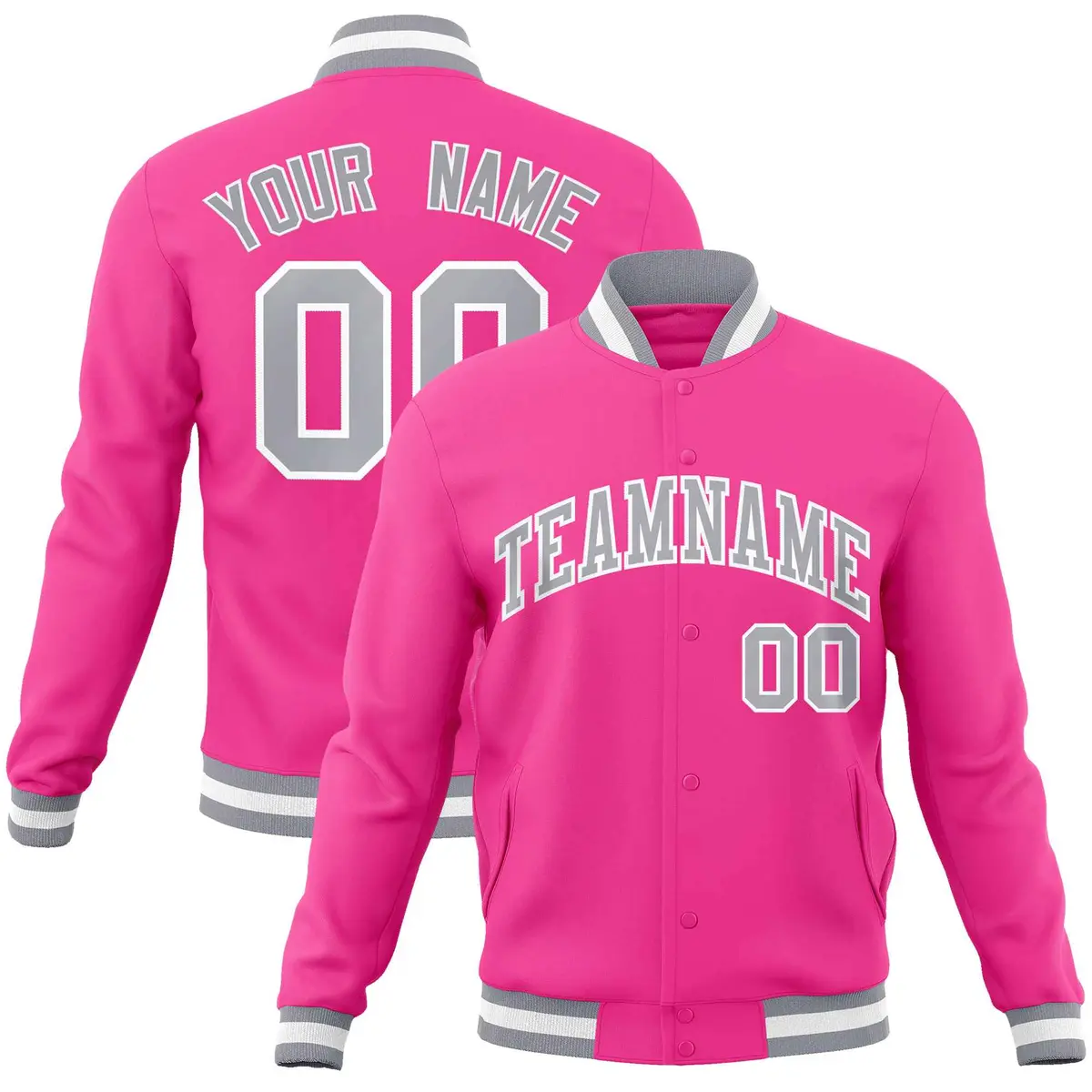 Pink Gray-White Classic Varsity Full-Snap Letterman Jacket