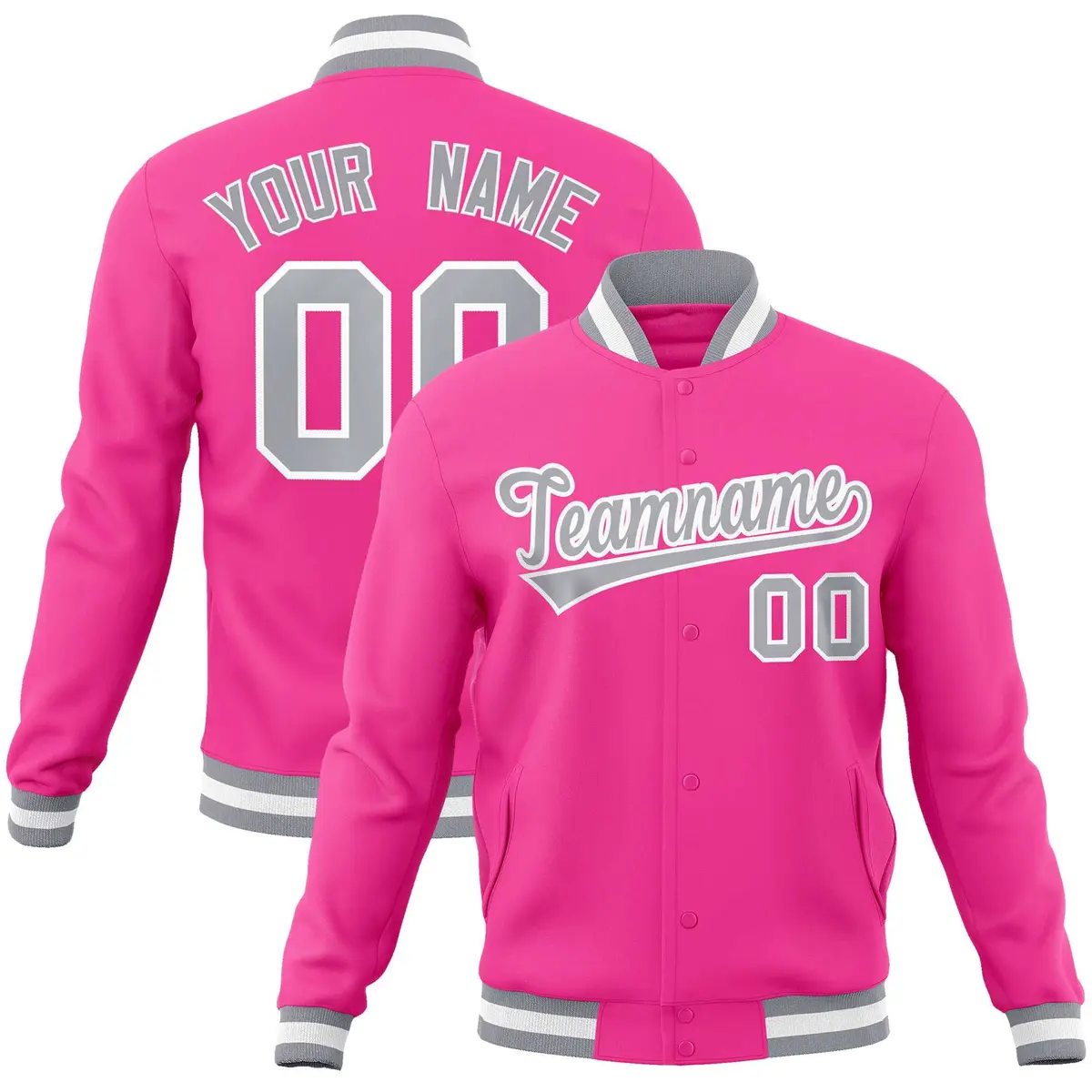 Pink Gray-White Classic Varsity Full-Snap Letterman Jacket