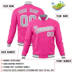 Pink Gray-White Classic Varsity Full-Snap Letterman Jacket 4