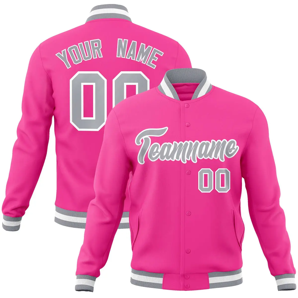 Pink Gray-White Classic Varsity Full-Snap Letterman Jacket