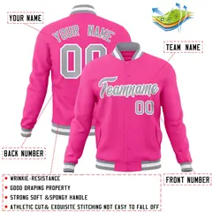 Pink Gray-White Classic Varsity Full-Snap Letterman Jacket 4