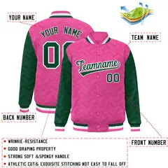 Pink Green L Pattern Full-Snap Raglan Letterman Baseball Jacket 2