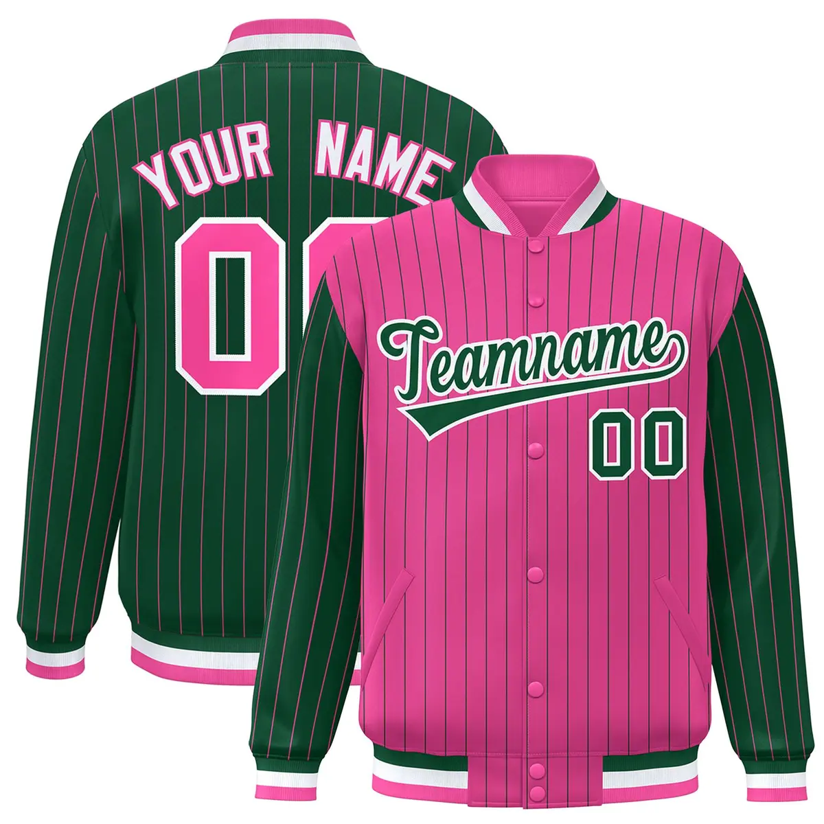 Pink Green Pinstripe Raglan Varsity Letterman Baseball Jacket