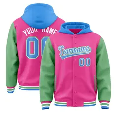 Pink Green-Powder Blue Raglan Varsity Full-Snap Letterman Jacket Hoodie 1