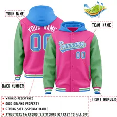 Pink Green-Powder Blue Raglan Varsity Full-Snap Letterman Jacket Hoodie 4