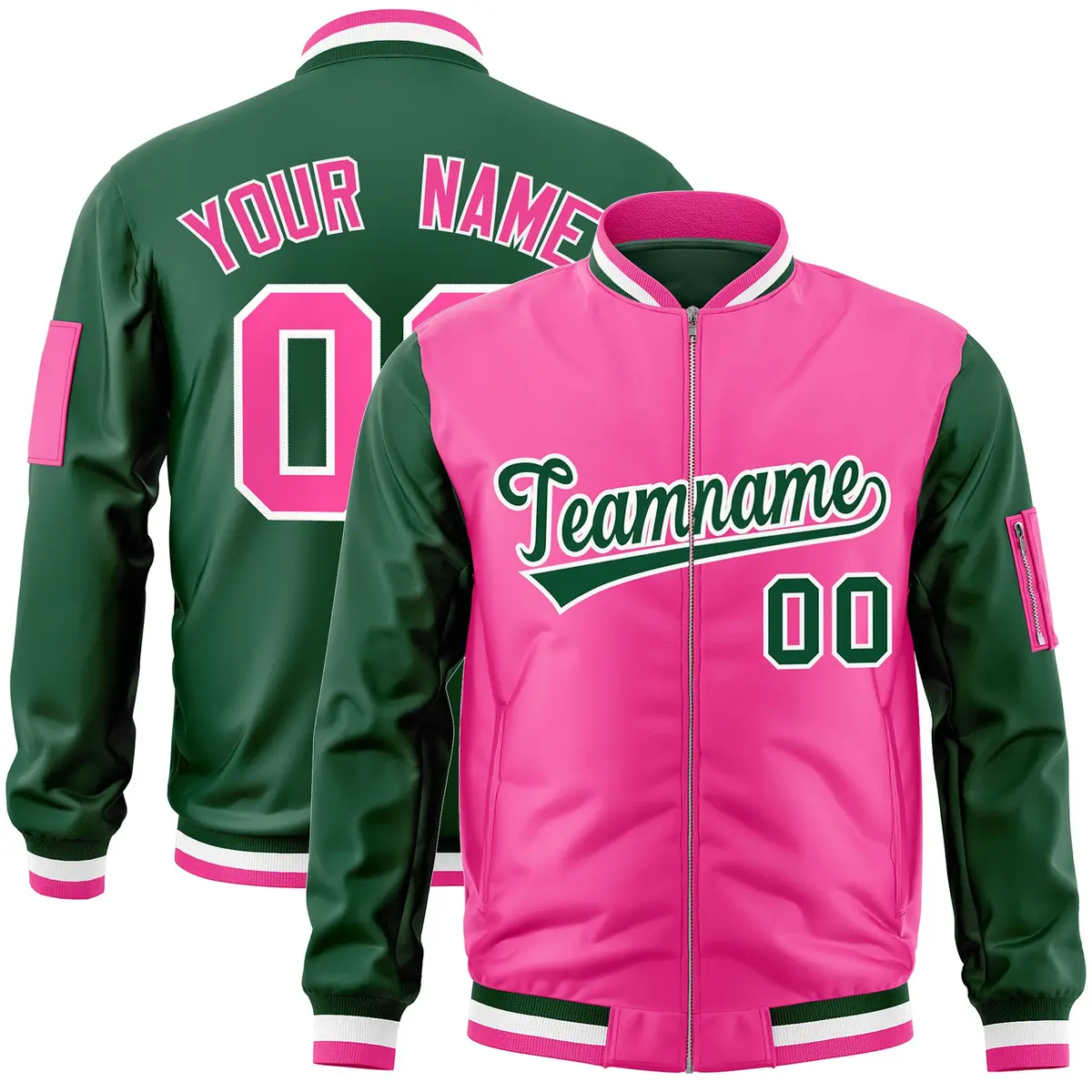 Pink Green Two-Tone Varsity Full-Zip Letterman Bomber Jacket