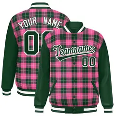 Pink Green-White Plaid Varsity Letterman Baseball Jacket