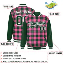 Pink Green-White Plaid Varsity Letterman Baseball Jacket 2
