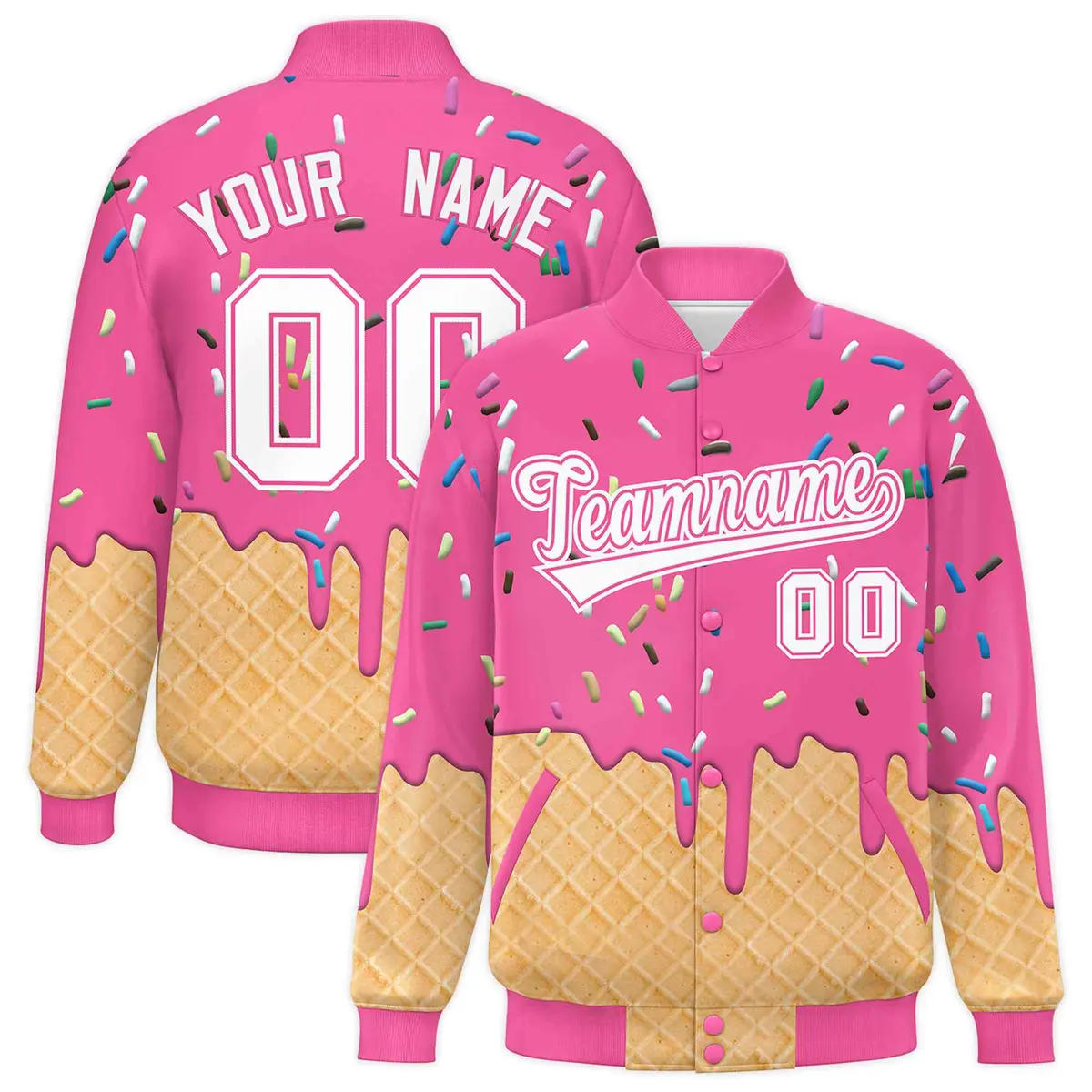 Pink Ice Cream Cone Graffiti Full-Snap Varsity Letterman Jacket