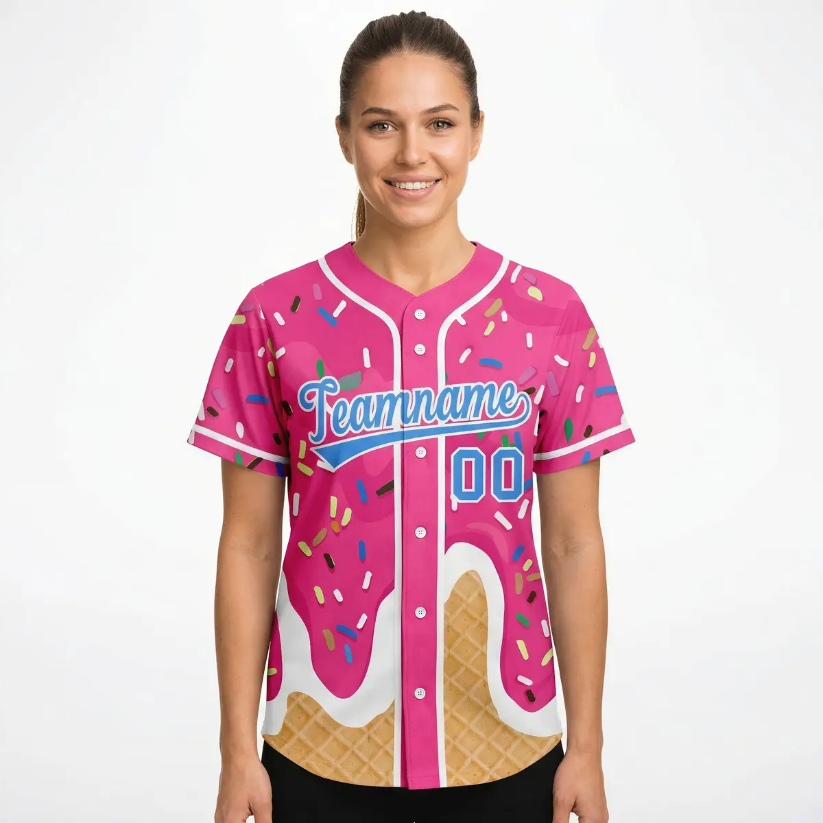 Women's Pink Ice Cream Cone Graffiti Pattern Baseball Jersey