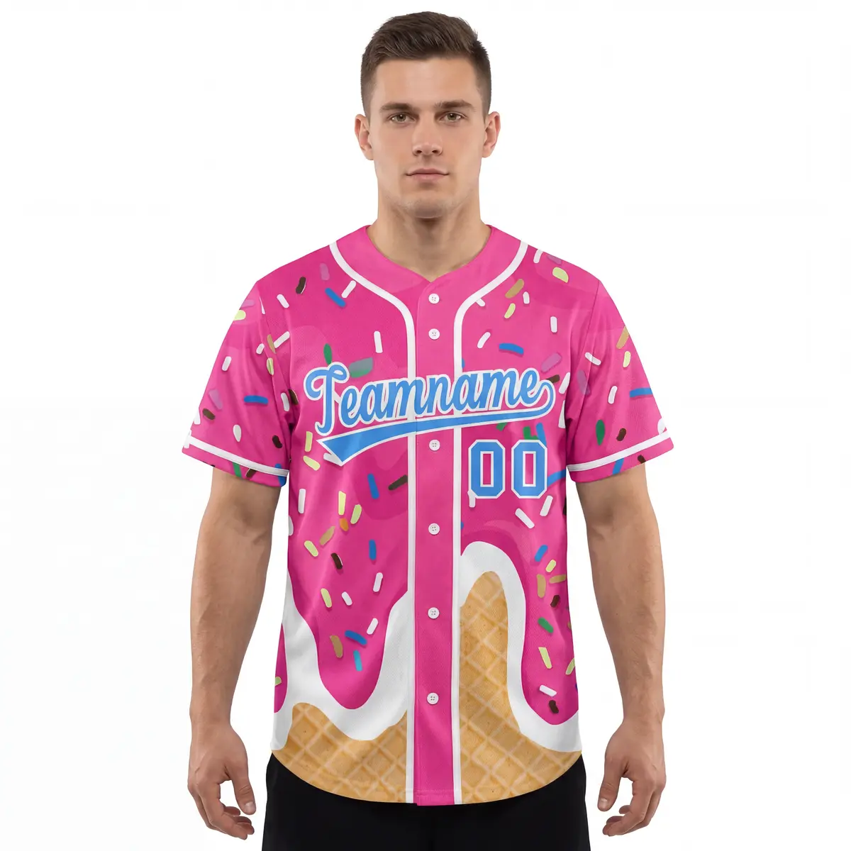 Men's Pink Ice Cream Cone Graffiti Pattern Baseball Jersey