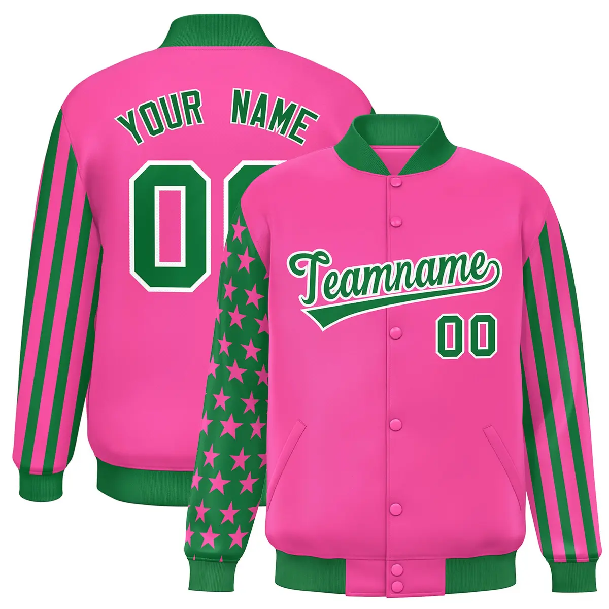 Pink Kelly Green American Flag Varsity Raglan Letterman Bomber Jacket