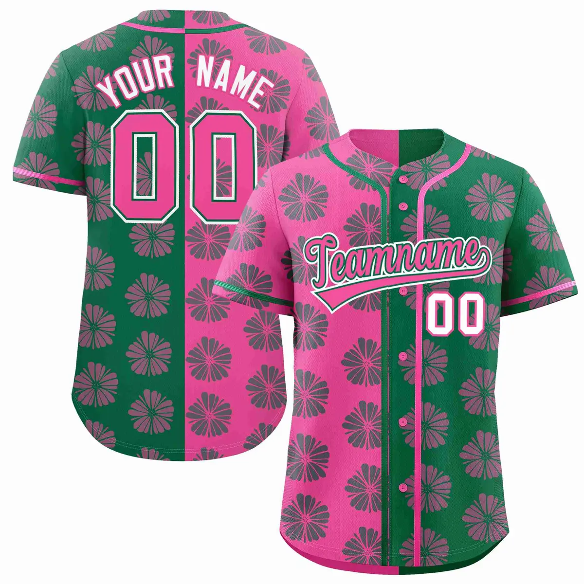 Pink Kelly Green Split Flower Graffiti Baseball Jersey