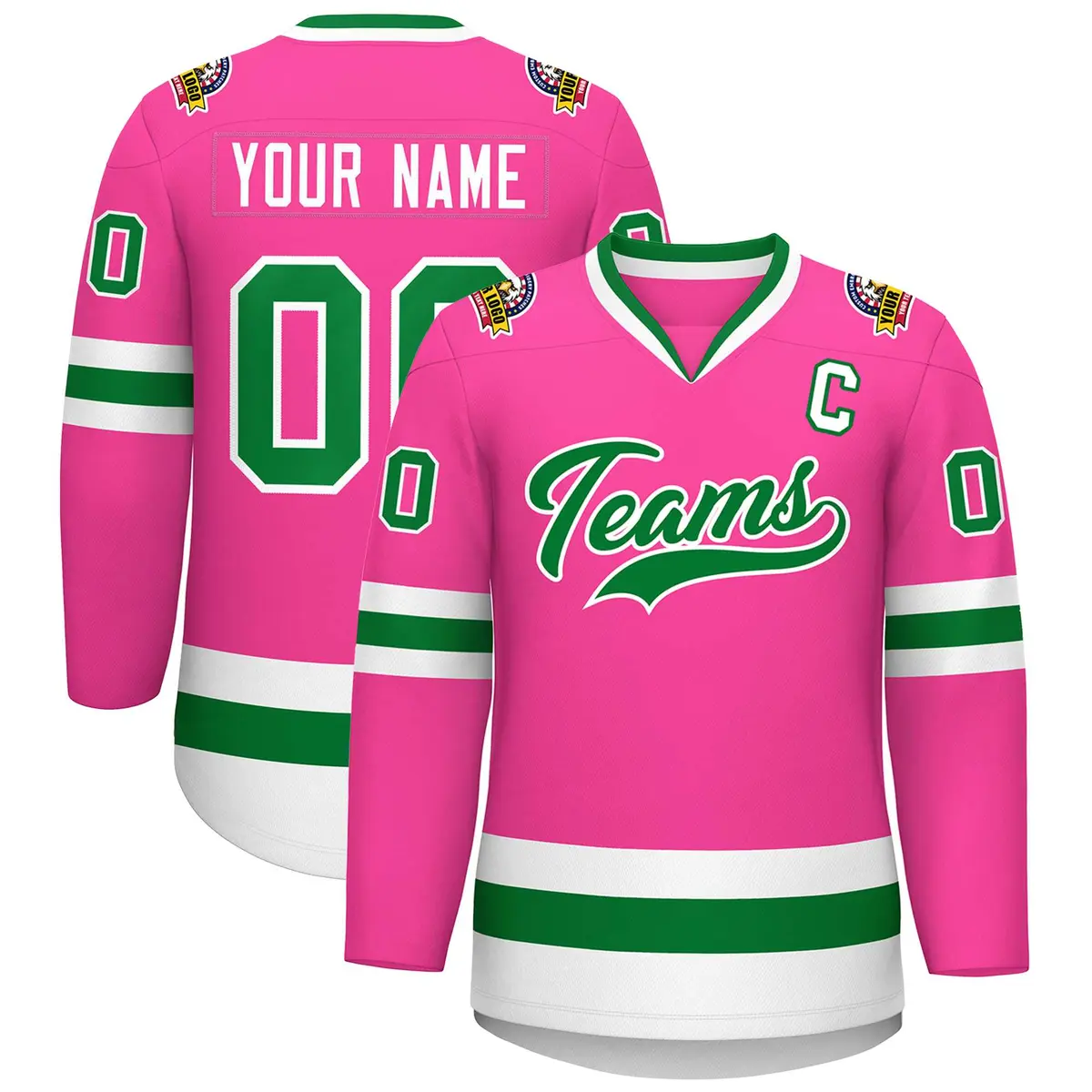 Pink Kelly Green-White Classic Style Hockey Jersey