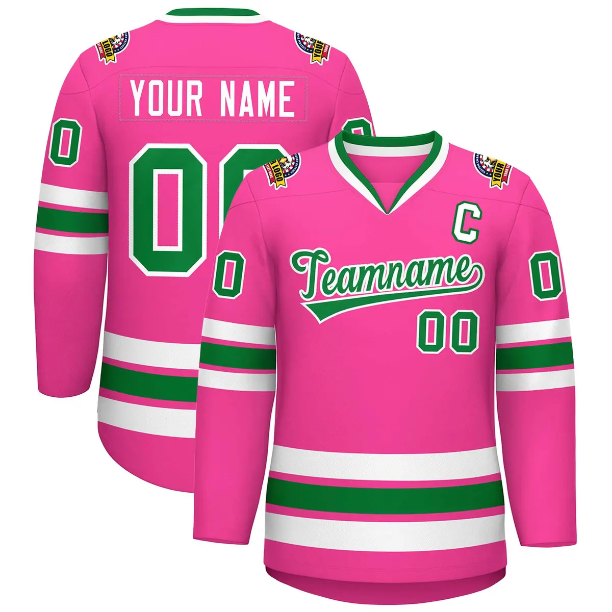 Pink Kelly Green-White Classic Style Hockey Jersey