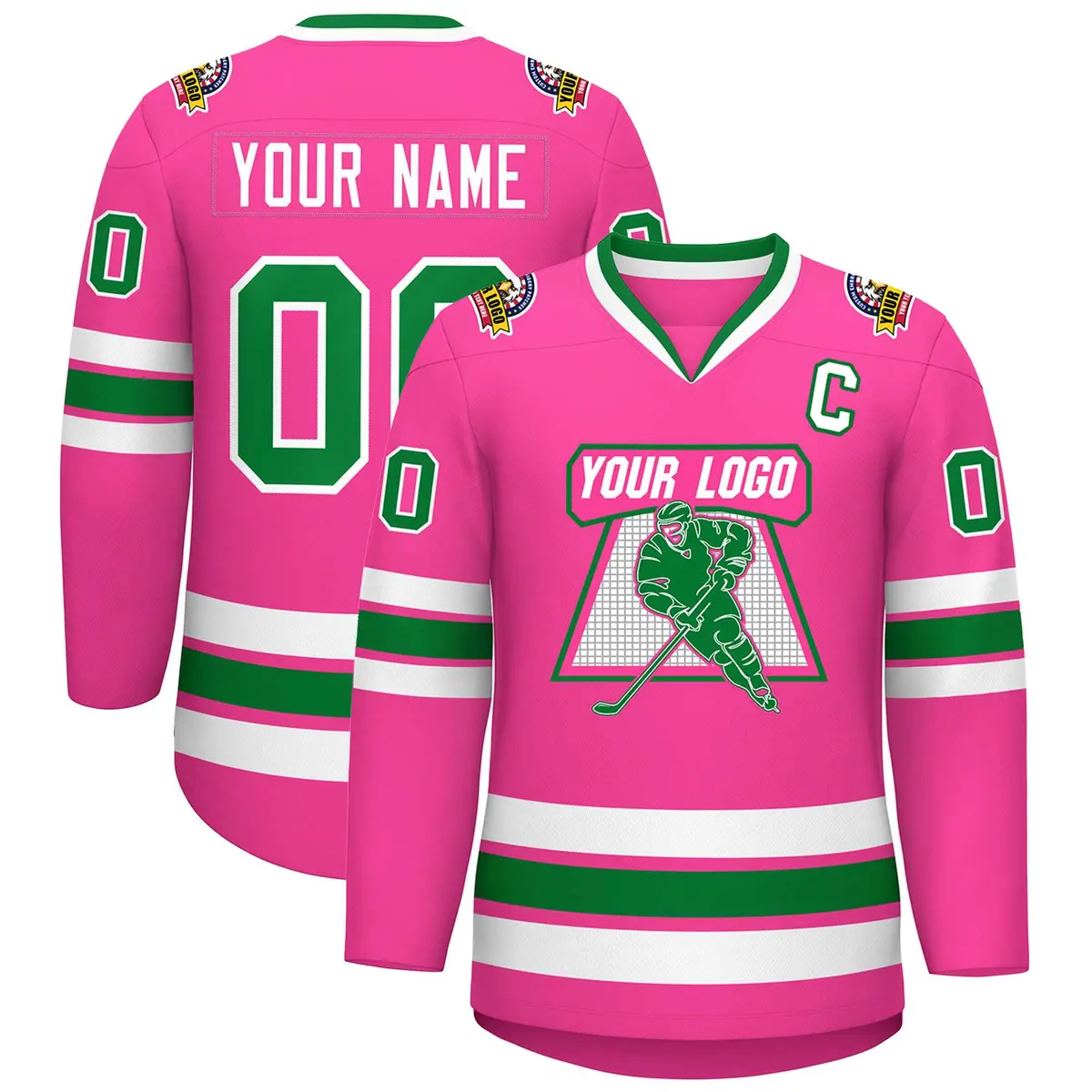Pink Kelly Green-White Classic Style Hockey Jersey