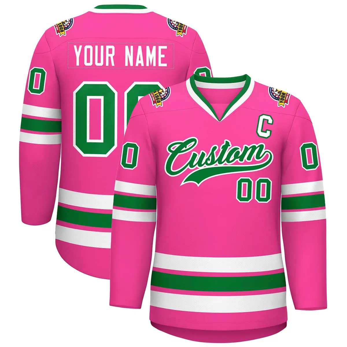 Pink Kelly Green-White Classic Style Hockey Jersey