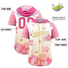 Pink Khaki Cherry Blossoms Raglan Hooded Baseball Jersey 2