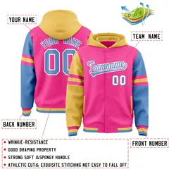 Pink Khaki-Light Blue Raglan Three Stripes Varsity Letterman Hoodie 4