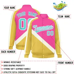 Pink Khaki Raglan Varsity Full-Snap Letterman Baseball Jacket 2