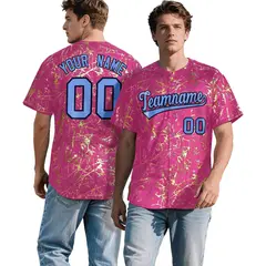 Pink Light Blue Black & Gold Marble Print Baseball Jersey 1