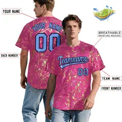 Pink Light Blue Black & Gold Marble Print Baseball Jersey 2
