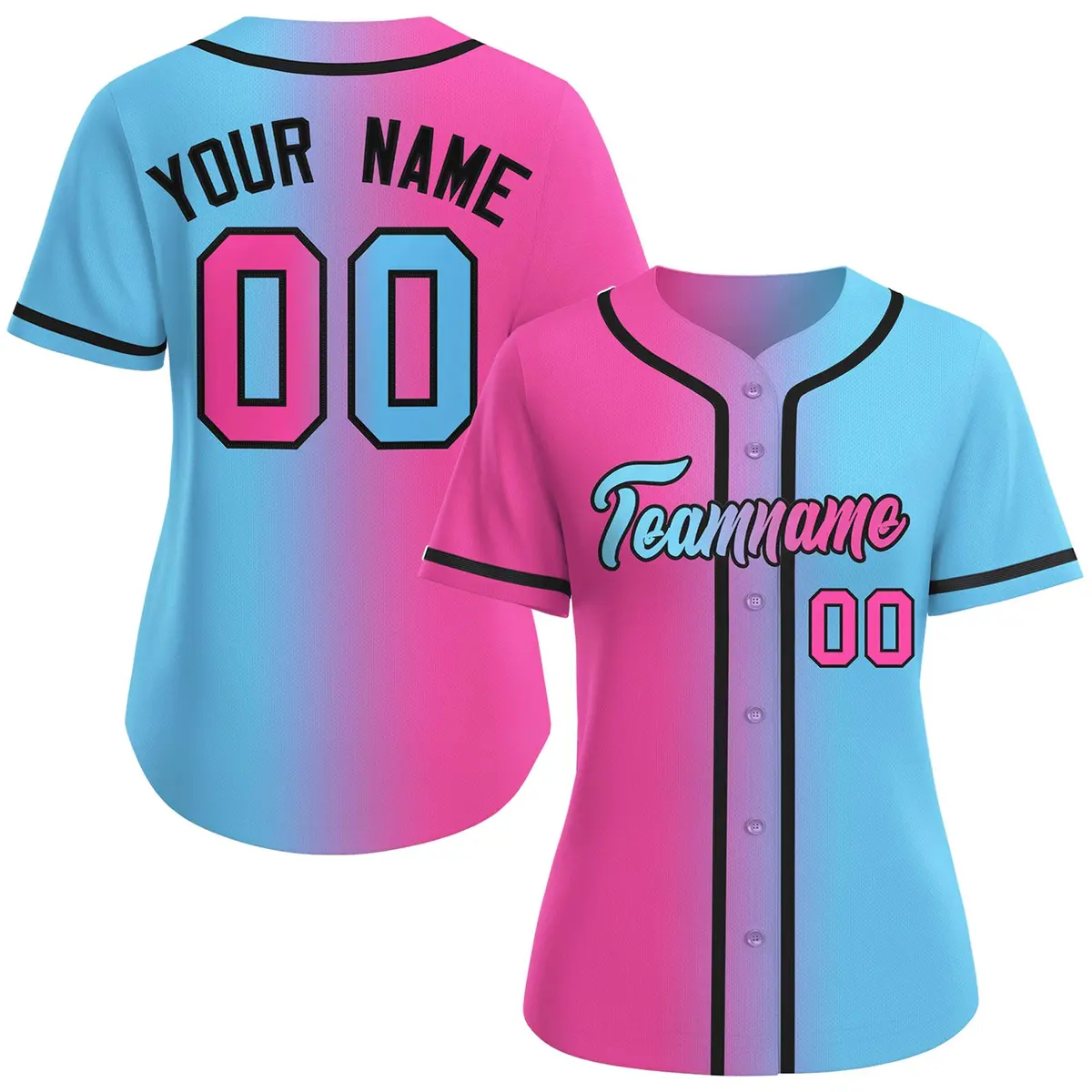 Women's Pink Light Blue-Black Gradient Baseball Jersey