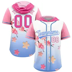 Pink Light Blue Cherry Blossoms Raglan Hooded Baseball Jersey