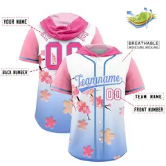 Pink Light Blue Cherry Blossoms Raglan Hooded Baseball Jersey 2