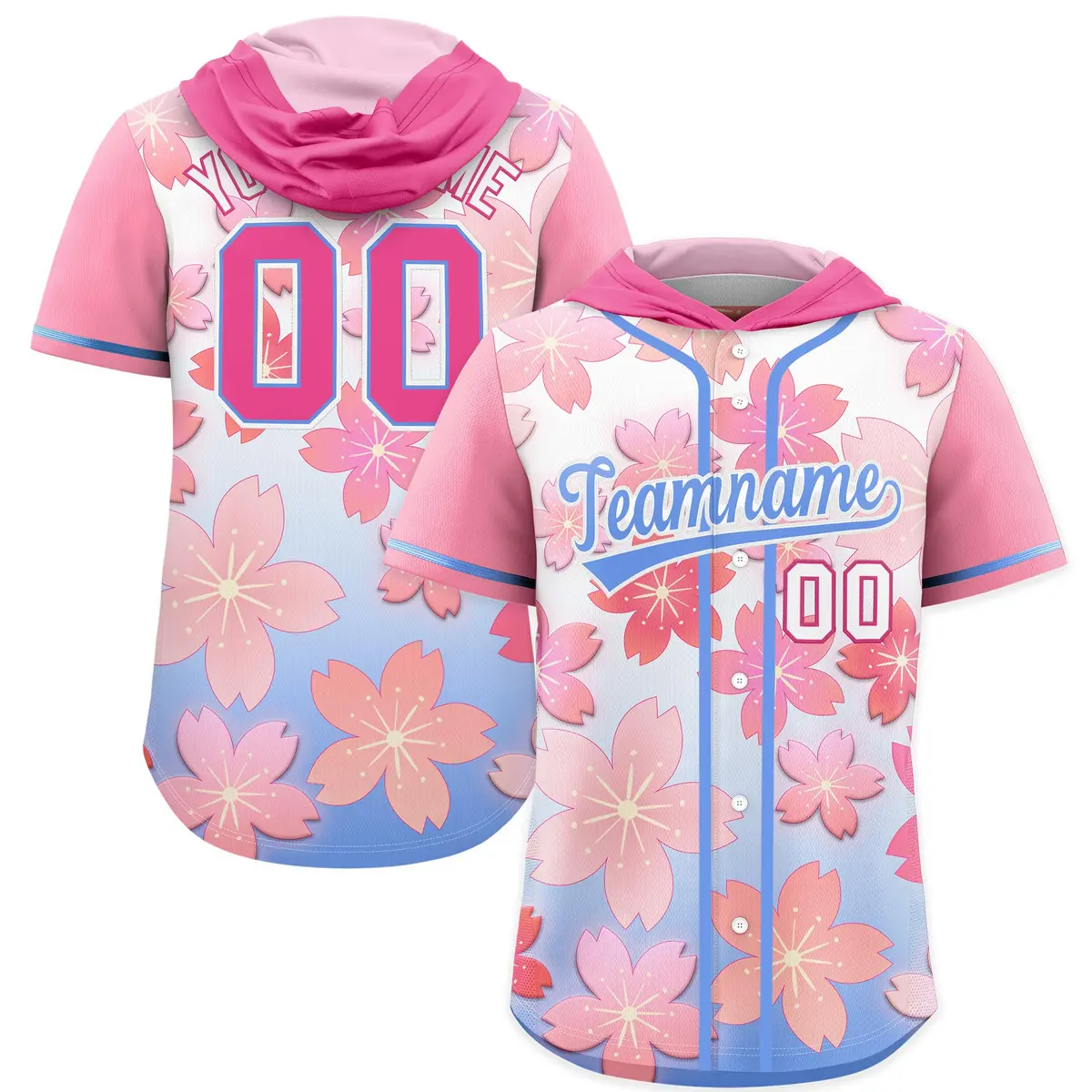 Pink Light Blue Cherry Blossoms Raglan Hooded Baseball Jersey