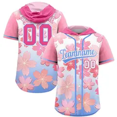 Pink Light Blue Cherry Blossoms Raglan Hooded Baseball Jersey 1