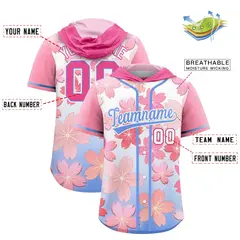 Pink Light Blue Cherry Blossoms Raglan Hooded Baseball Jersey 2