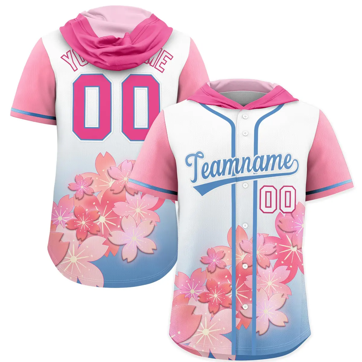 Pink Light Blue Cherry Blossoms Raglan Hooded Baseball Jersey