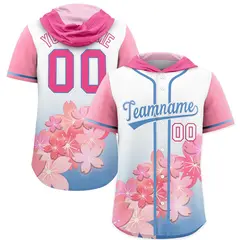 Pink Light Blue Cherry Blossoms Raglan Hooded Baseball Jersey 1