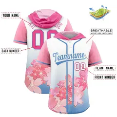 Pink Light Blue Cherry Blossoms Raglan Hooded Baseball Jersey 2