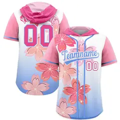 Pink Light Blue Cherry Blossoms Raglan Hooded Baseball Jersey 1