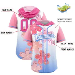 Pink Light Blue Cherry Blossoms Raglan Hooded Baseball Jersey 2