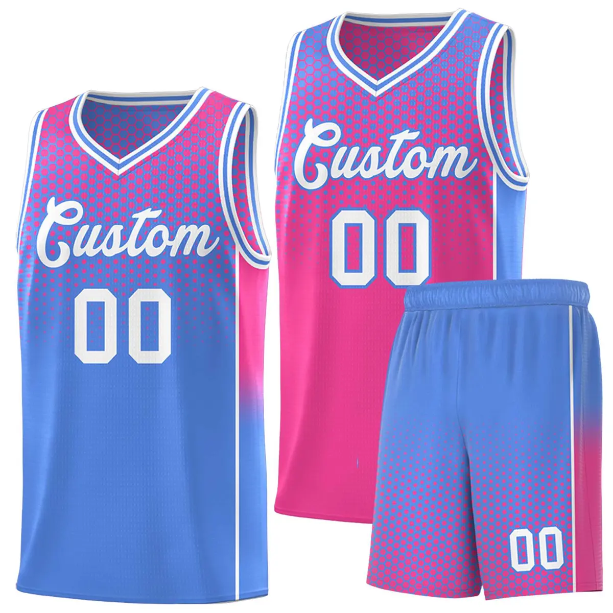 Pink Light Blue Dot Pattern Reversible Gradient Basketball Jersey Kits