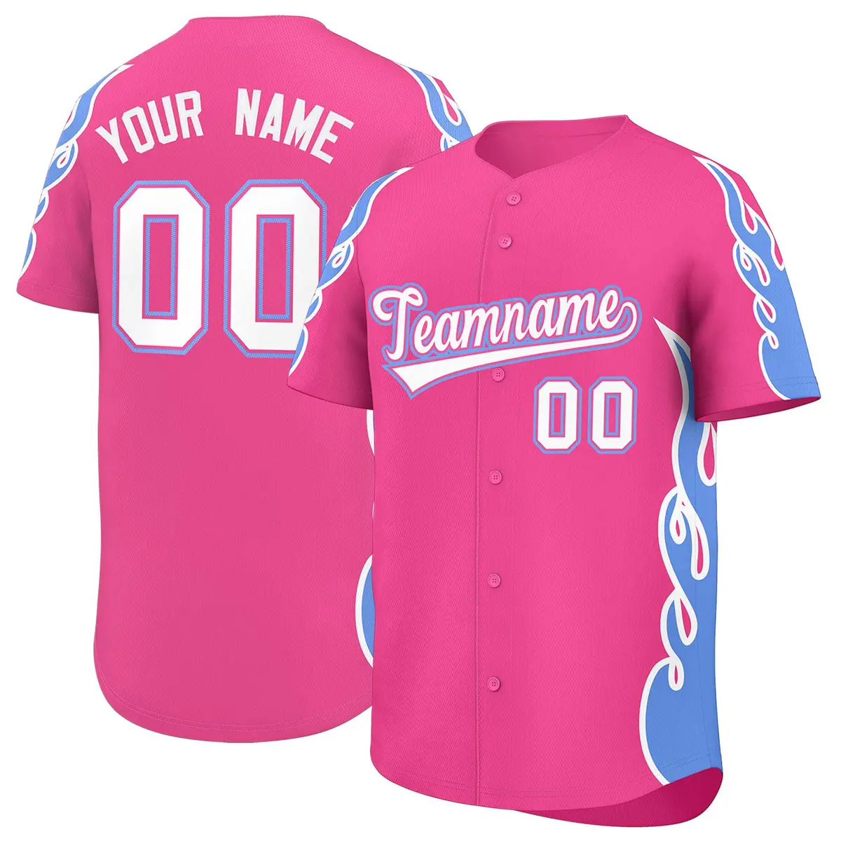 Pink Light Blue Flame Outline Side Pattern Baseball Jersey