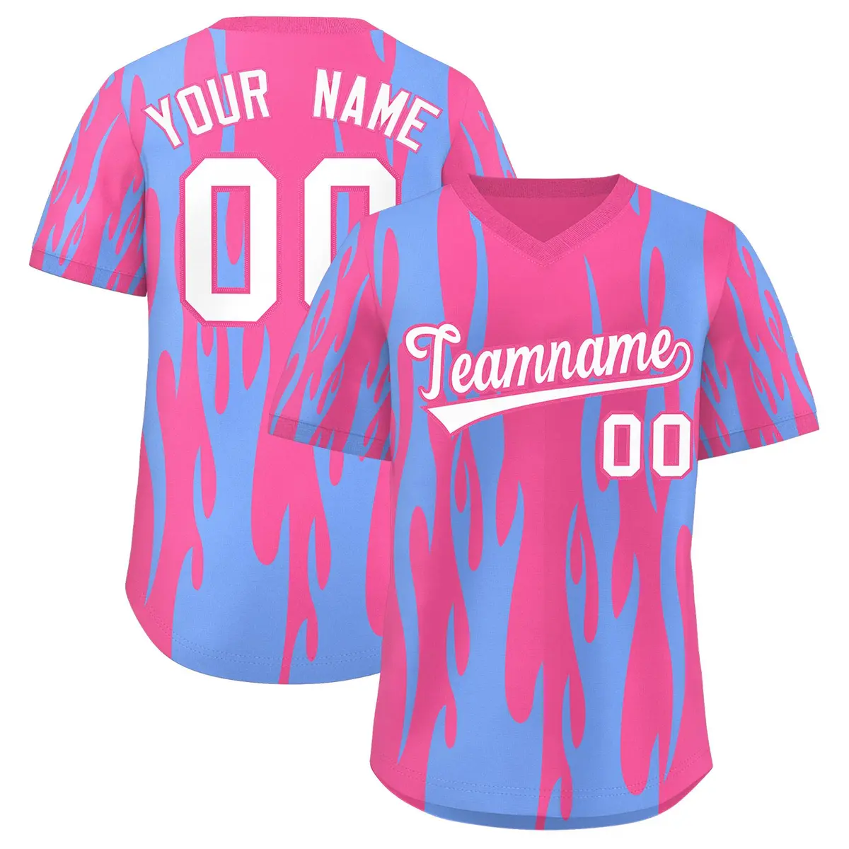 Pink Light Blue Flame Pattern Pullover Baseball Jersey