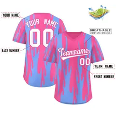Pink Light Blue Flame Pattern Pullover Baseball Jersey 2