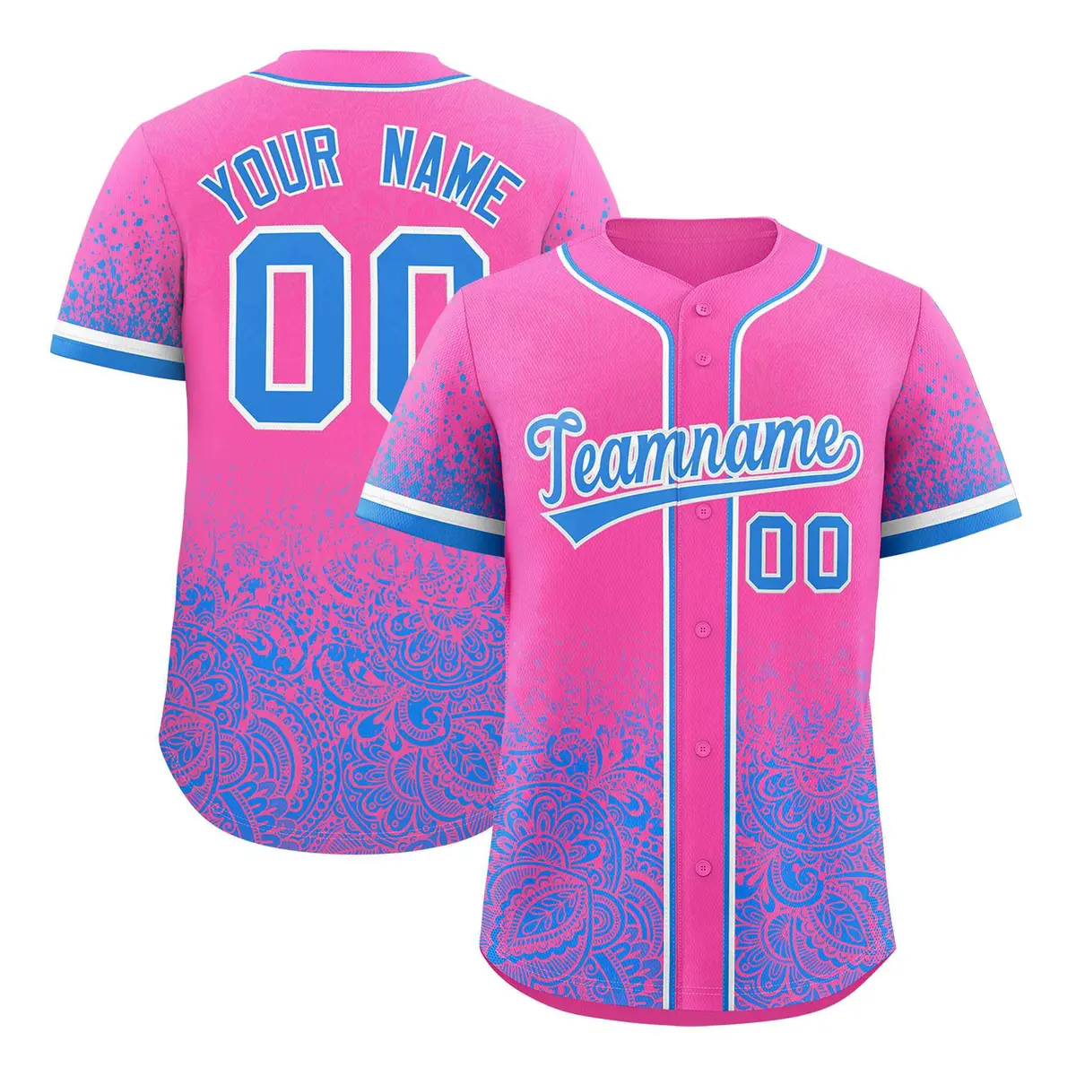 Pink Light Blue Floral Gradient Full Button Baseball Jersey