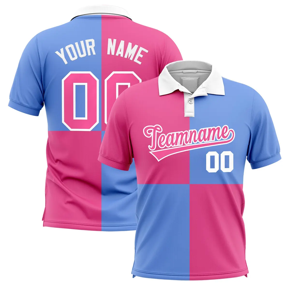 Pink Light Blue Four Squares Performance Polo Shirt