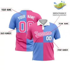 Pink Light Blue Four Squares Performance Polo Shirt 2